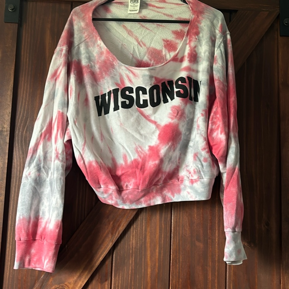 PINK Wisconsin badgers off shoulder sweater